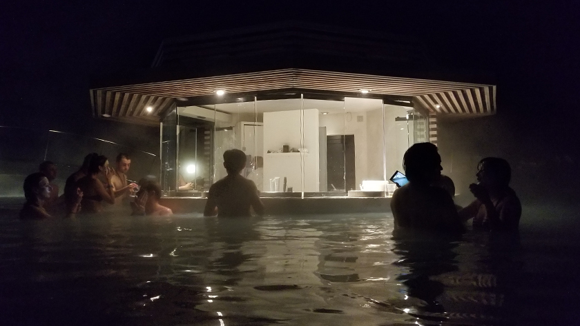 Floating bar with free silica mud face masks at relaxing Blue Lagoon in Iceland