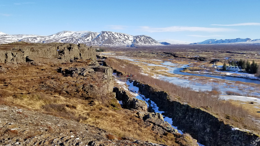 Eurasian and North American tectonic plates meet/split at Thingvellir National Park in Iceland