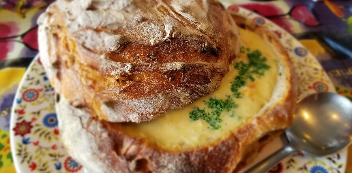 New Zealand Local Must Eat Foods: creamy soup in a bread bowl