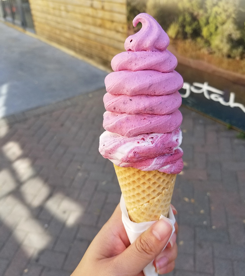 Enjoying a yummy berry real fruit ice cream on a hot sunny day in New Zealand