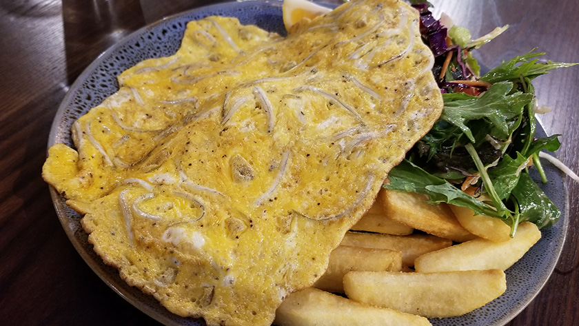 Delicious whitebait fritter with a side of chips and veggies in New Zealand's South Island Coast