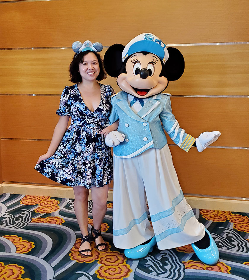 Disney Cruise Line 25th Silver Anniversary at Sea me and Minnie Mouse character meet and greet in her brand new shimmering blue Silver Anniversary outfit