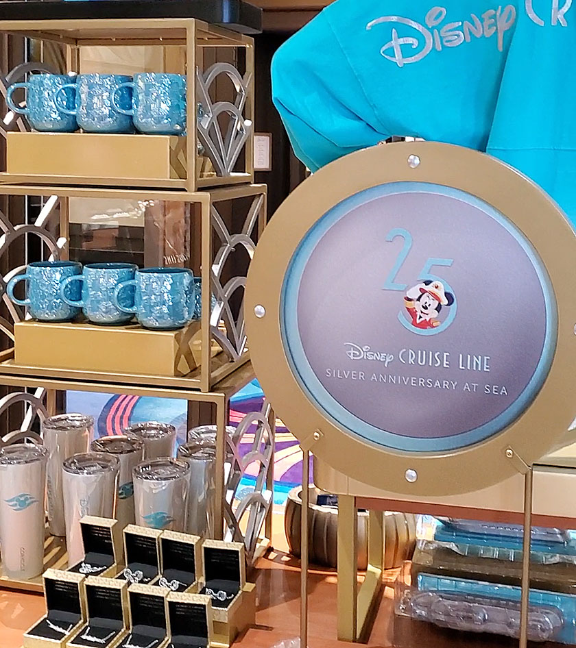 Disney Cruise Line 25th Silver Anniversary at Sea Merchandise (mugs, tumblers, jewelry, clothing) at White Caps on board the Disney Magic